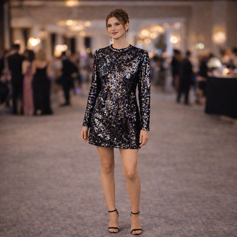 Topshop Sequin Mini Dress US 12 Black Iridescent‎ Long Sleeve Party Club